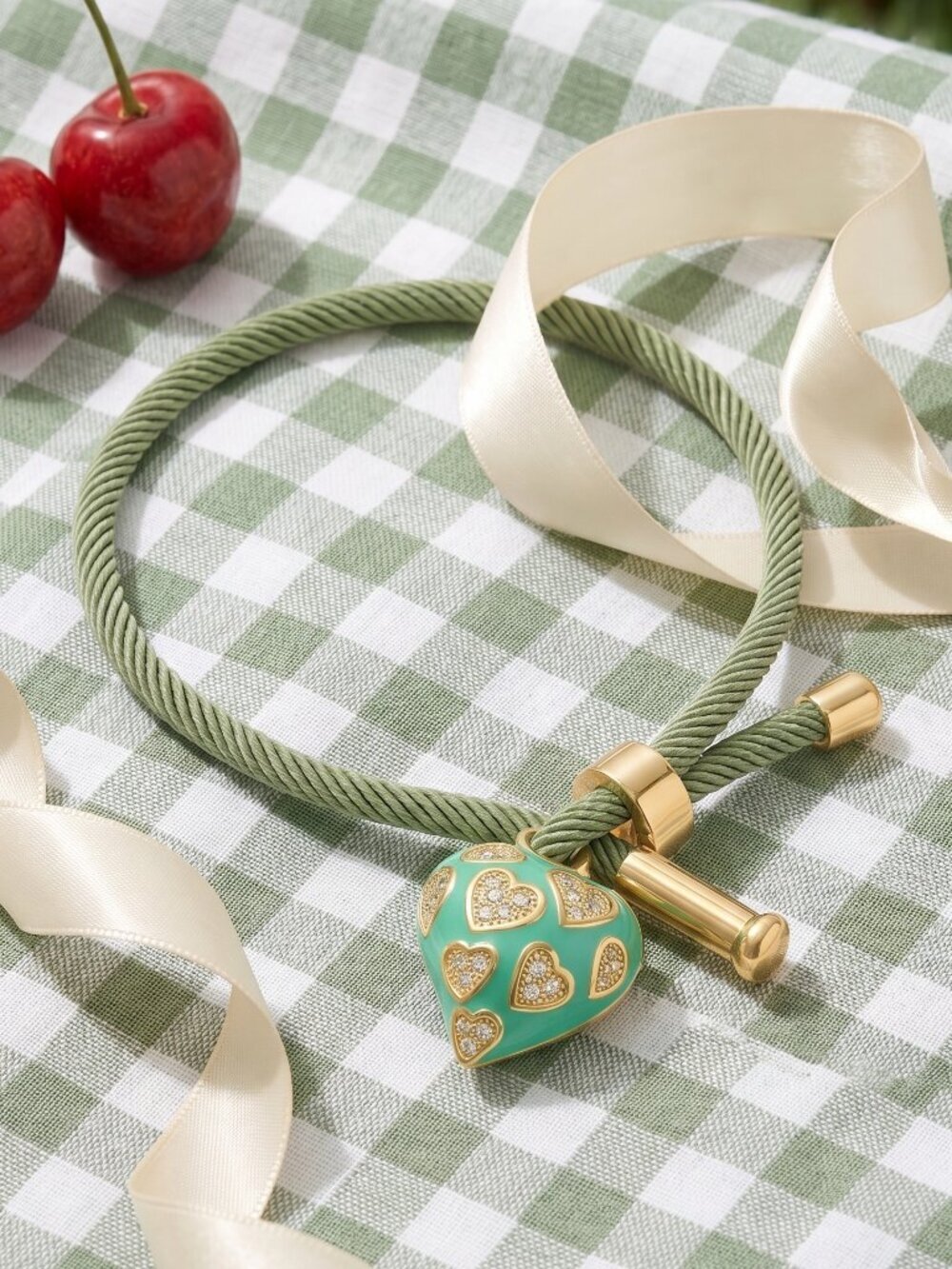 Enamel Candy Heart Charm Bracelet 18K Gold Sage Green Cord Adjustable Coquette